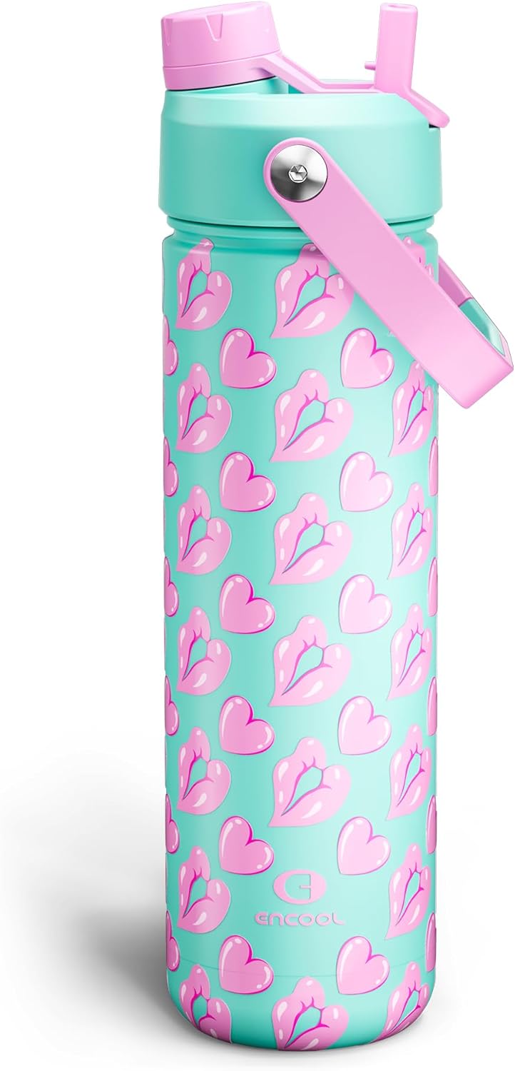 ENCOOL Insulated Water Bottle with Straw Stainless Steel Water Bottle, Leak-Proof, BPA-Free, Double Wall Vacuum Keeps Cold for 24 Hours for Sports, Travel, School (26 oz, Cotton Candy) - Colors B