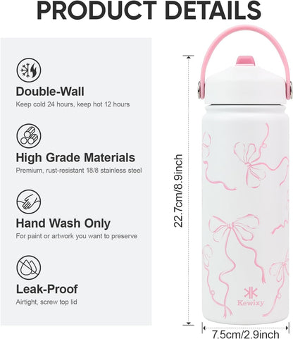 KEWIXY Kids Water Bottle for School, Easy Slide Lid, Leak Proof, Keep Cold 24H, Vacuum Insulated Tumbler, Metal Stainless Steel with Straw and Handle, for Boys&Girls (18OZ, Candy Pink)