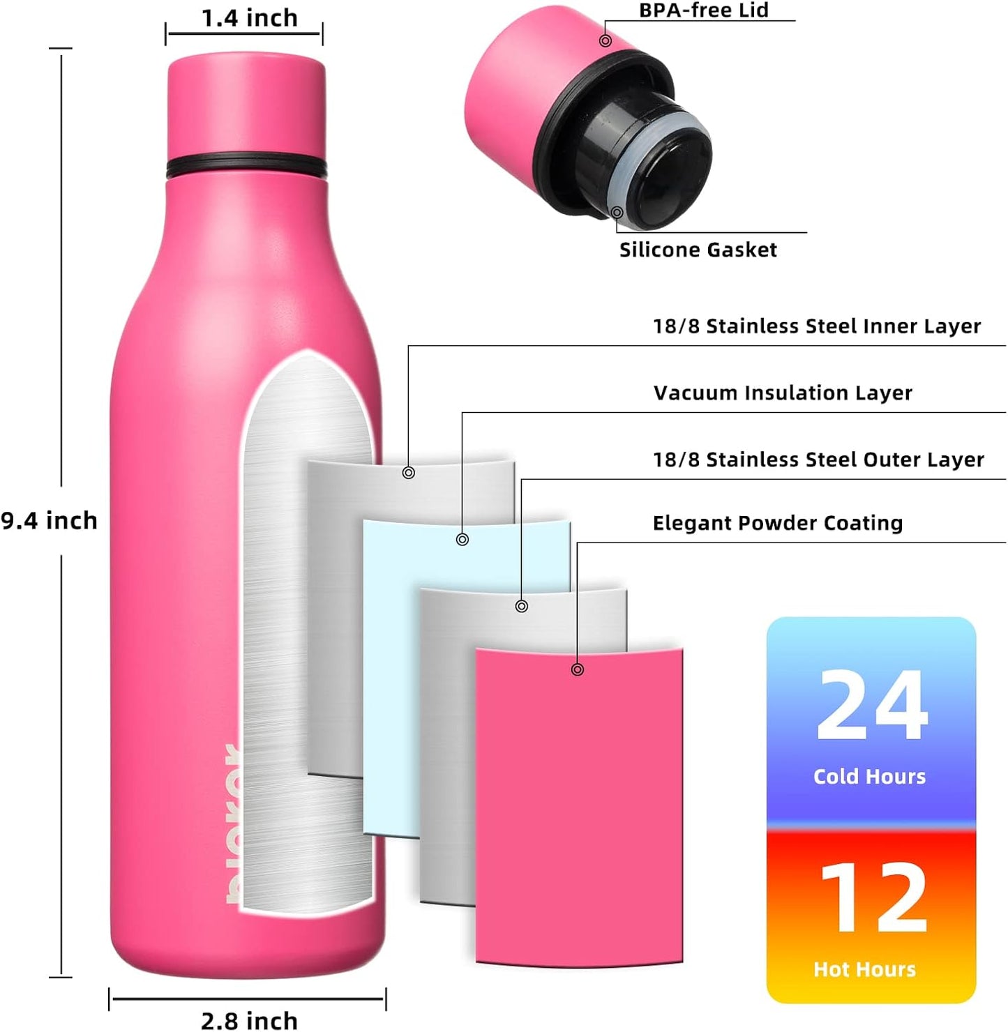 BJPKPK Insulated Water Bottles, 18 oz Stainless Steel Metal Water Bottle with Strap, BPA Free Leak Proof Jugs, Mugs, Flasks, Reusable Thermal Flasks for Sports & Travel, Black - Colors B