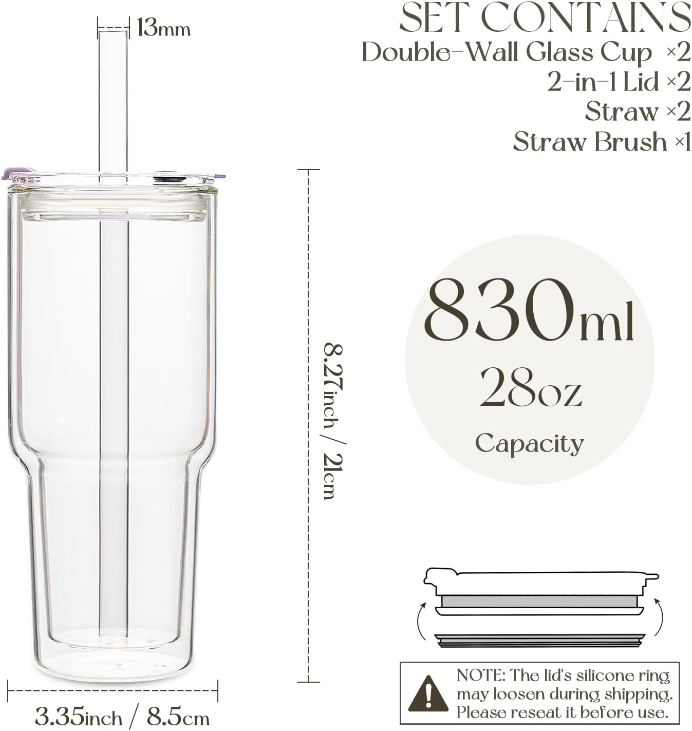 KEMORELA 28 oz Double Wall Glass Tumblers Set of 2, Extra-Wide 13mm Reusable Drinking Straws, Boba Tumbler, Wide-Mouth Water Cups for Iced Coffee, Smoothies, Boba & Tea Lovers (Clear)