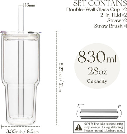 KEMORELA 28 oz Double Wall Glass Tumblers Set of 2, Extra-Wide 13mm Reusable Drinking Straws, Boba Tumbler, Wide-Mouth Water Cups for Iced Coffee, Smoothies, Boba & Tea Lovers (Clear)