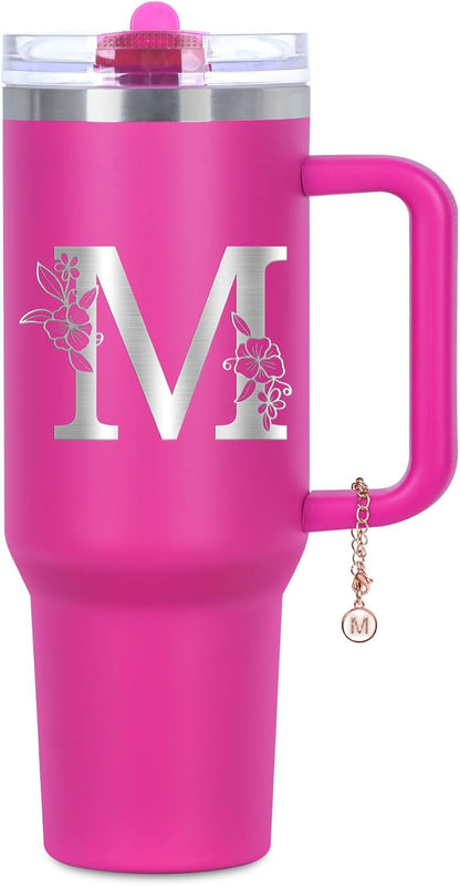 Personalized 40 oz Monogrammed Tumbler with Handle and Flip Straw Lid, 100% Leak Proof stainless steel Insulated Tumbler, Customized Initial Funny Gifts for Women Mom Sisters Coworker, A