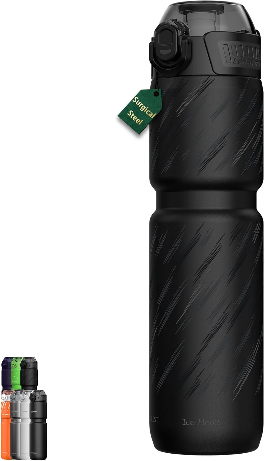 MYFOREST 24oz/700ml Insulated Bike Water Bottle, Odor-Free Surgical Steel Liner, Stronger Grip for Rough Trails, Quick-Open Chug/Straw 2-in-1, Dirt Cap (Glossy Steel)