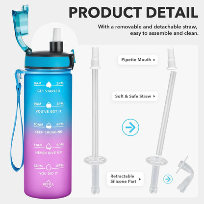 Enerbone Water Bottle, Leakproof BPA & Toxic Free, Motivational Water Bottle with Times to Drink and Straw, Fitness Sports Water Bottle with Strap for Office, Gym, Outdoor Sports