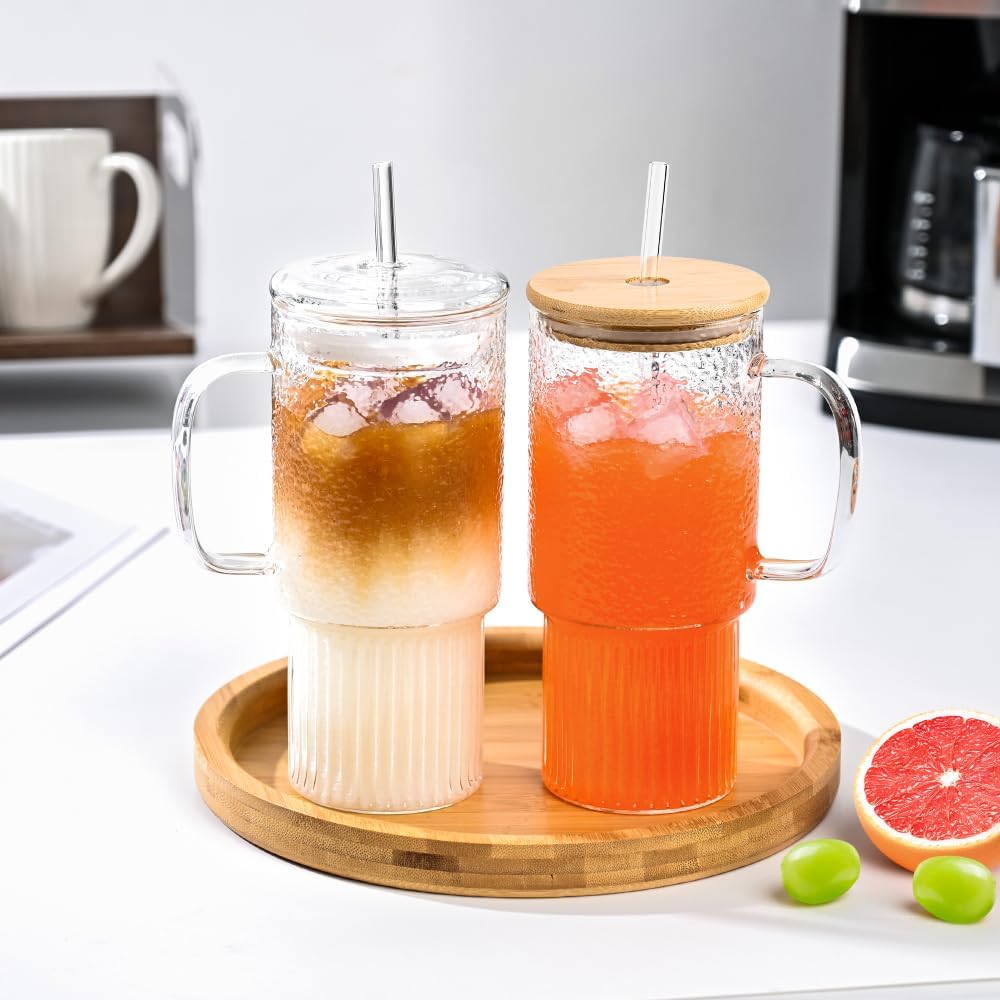 32oz Ribbed Borosilicate Glass Tumbler with Handle, Bamboo Lid and Straw, Iced Coffee Cup Modern Glass Mug for Hot/Cold Drinks, Smoothies, Tea, and Juice (Clear-1 Pack)