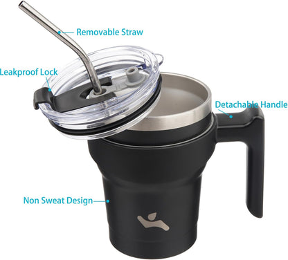 Konokyo 20 oz Tumbler with Handle and 2 Straw 2 Lid, Insulated Water Bottle Stainless Steel Vacuum Cup Reusable Travel Mug,Black