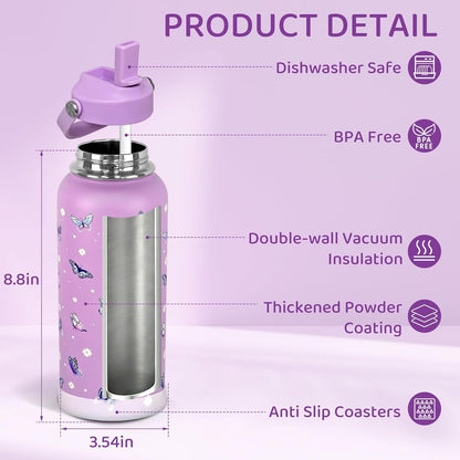 32oz Pickleball Insulated Water Bottle with Lid,Stainless Steel Water Bottl with Flip Straw and Handle,Gifts for Pickleball Players, Pickleball Lovers,Women Girls,Leak Proof Water Bottle