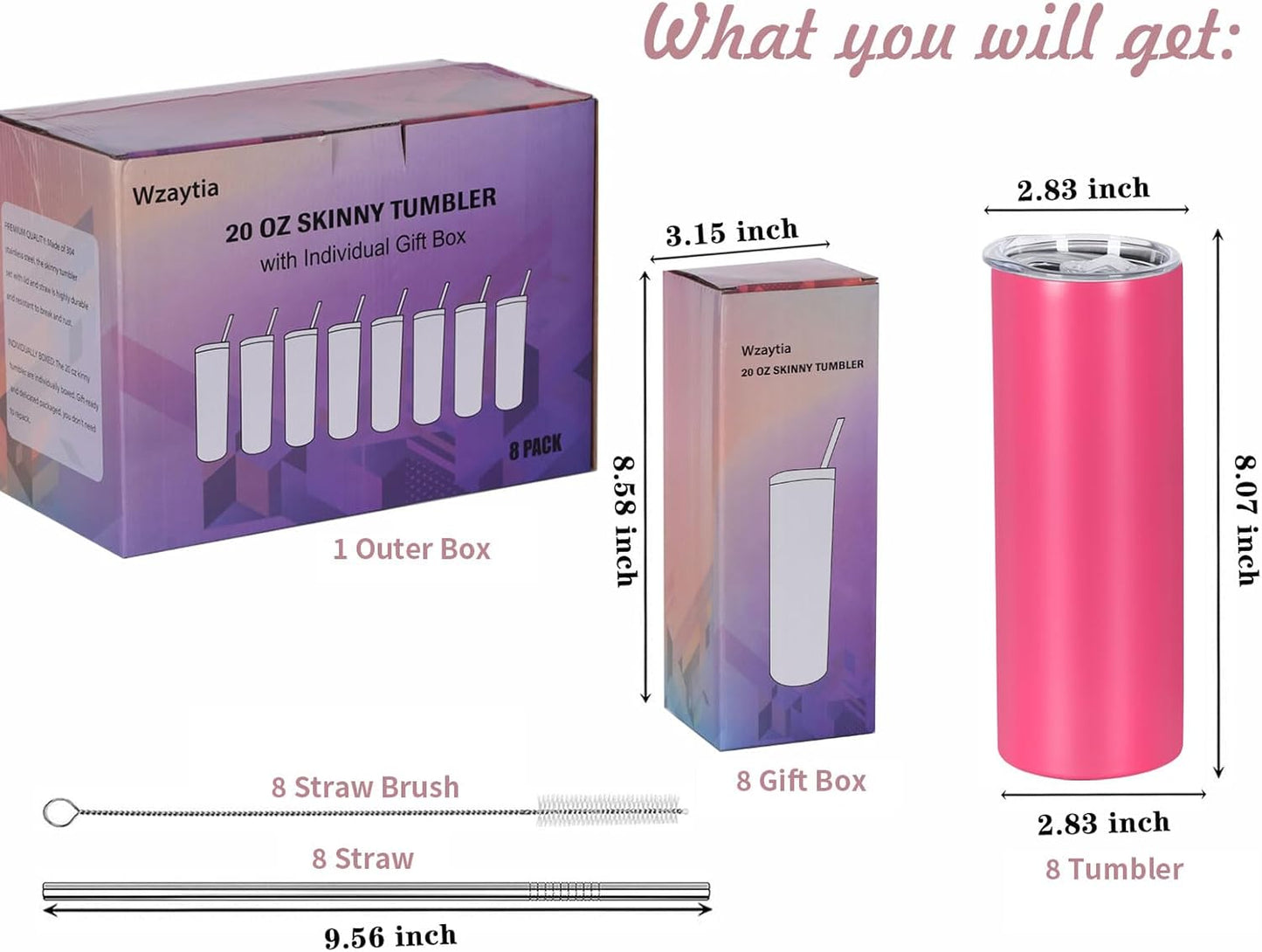 8 Pack 20 Oz Straight Skinny Tumblers, Individually Gift Boxed Stainless Steel Slim Skinny Tumbler Set Bulk, 20 Oz Insulated Slim Thin Travel Tumbler Cup for Diy, Silver