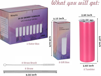 8 Pack 20 Oz Straight Skinny Tumblers, Individually Gift Boxed Stainless Steel Slim Skinny Tumbler Set Bulk, 20 Oz Insulated Slim Thin Travel Tumbler Cup for Diy, Silver