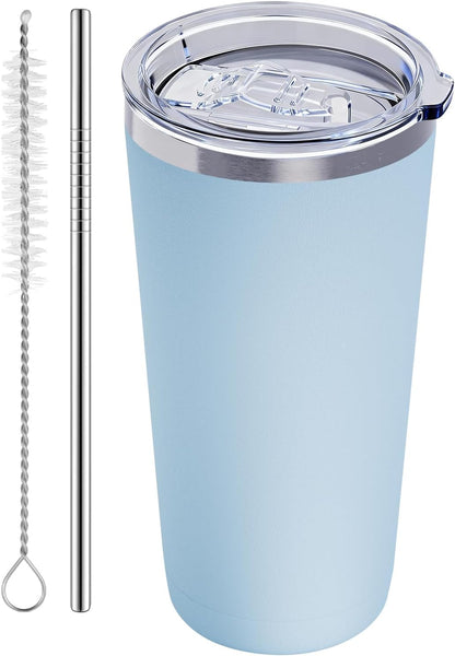 GGQ 20oz Travel Coffee Tumbler Food-Grade 304 Stainless Steel Vacuum Insulated Double Wall Leak-Proof Lid Reusable Straw Hot and Cold Drinks Cup Holder Friendly (Light Blue)