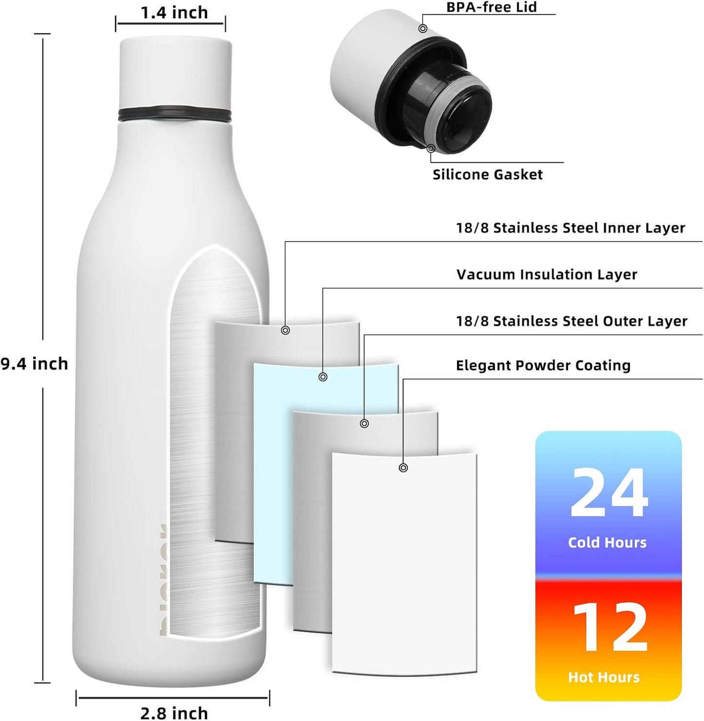 BJPKPK Insulated Water Bottles, 18 oz Stainless Steel Metal Water Bottle with Strap, BPA Free Leak Proof Jugs, Mugs, Flasks, Reusable Thermal Flasks for Sports & Travel, Black - Colors B