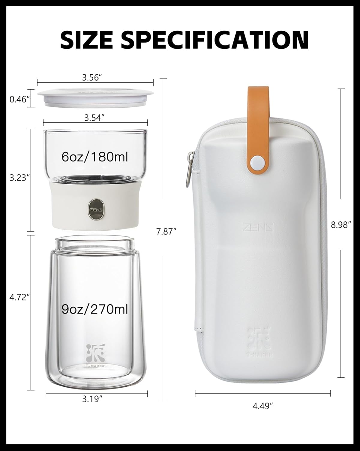 ZENS Modern Glass Infuser Teapot, One Touch Tea Maker for Loose Leaf Tea with Insulated Mug and Portable Case. Enchanted Pot Alternatives for Tea Lover Gifts