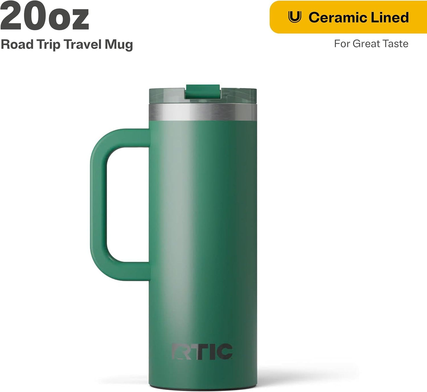RTIC 20oz Road Trip Travel Mug with Lid and Handle, Ceramic Lined, Insulated, Stainless Steel, Metal, Double Wall Vacuum-Insulation, Portable Coffee, Tea Cup for Hot and Cold Drink, Black
