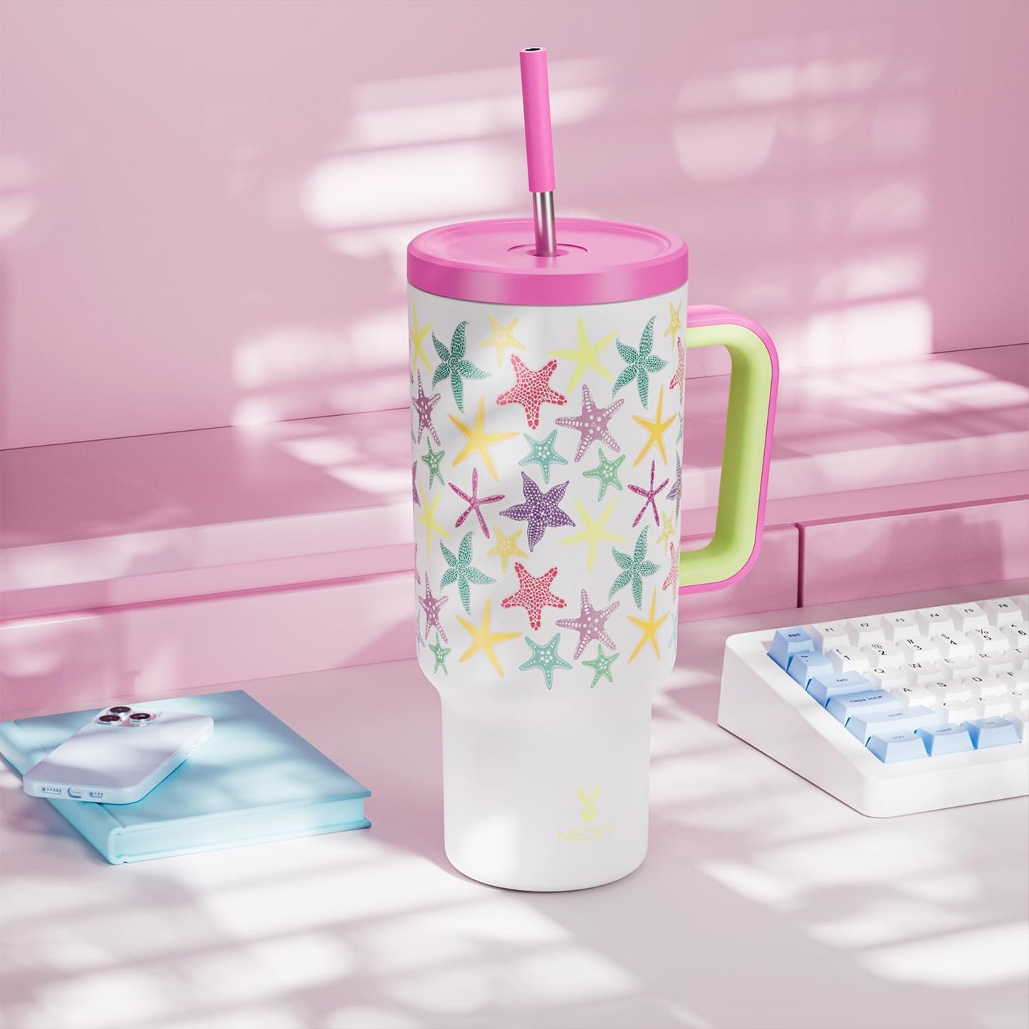 Meoky 40 oz Tumbler with Handle and Straw: Stainless Steel Insulated Tumbler with Lid and Straw - 100% Leak Proof Tumbler for Car Cup Holders - Travelers Commuters Workers, Pink