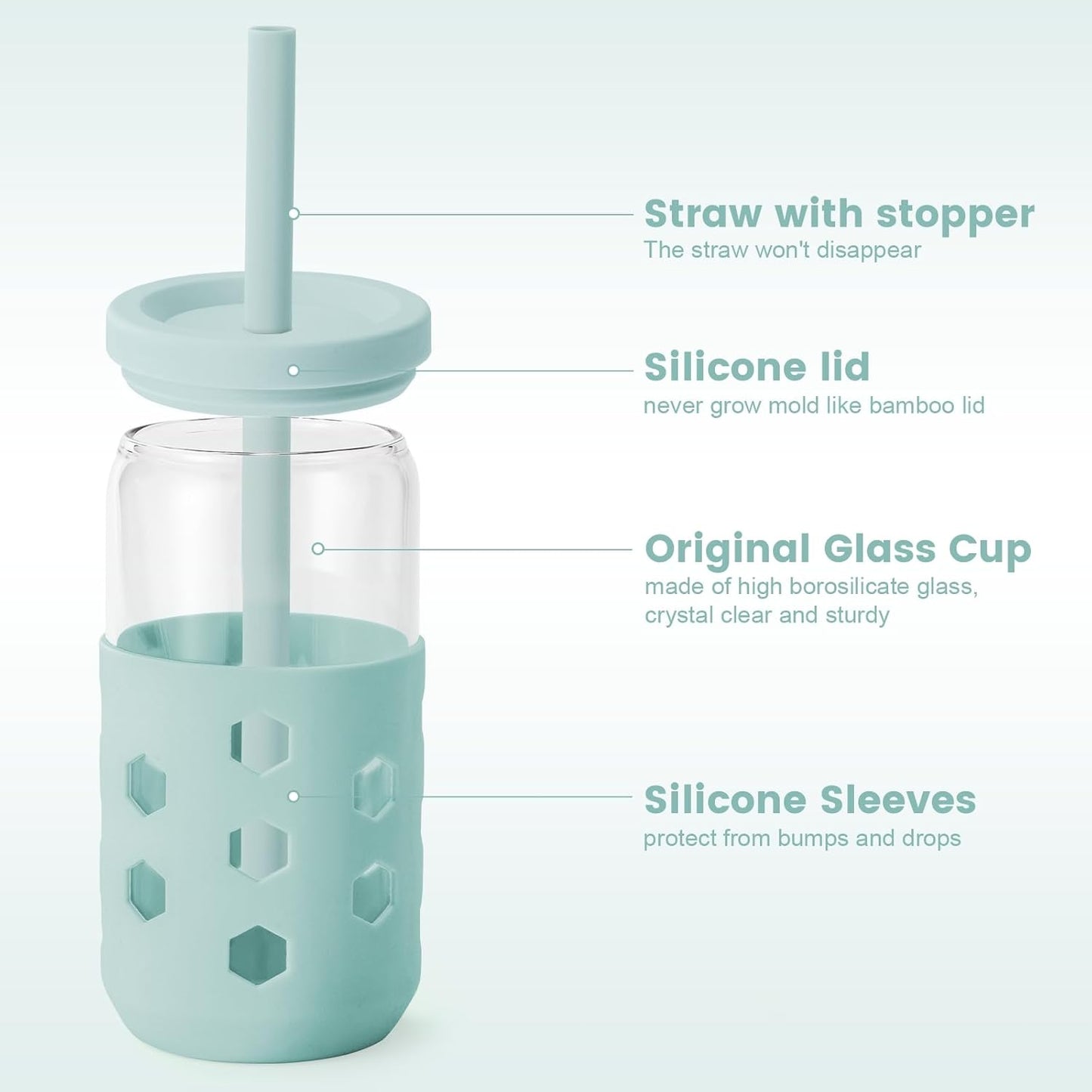 Mrsdry Glass Cups with Lids and Straws (4 Pcs), 16oz Drinking Glasses Set with Silicone Sleeves for Coffee Bar Accessories Iced Coffee Cups with Lids, Glass Tumbler Reusable for Gifts