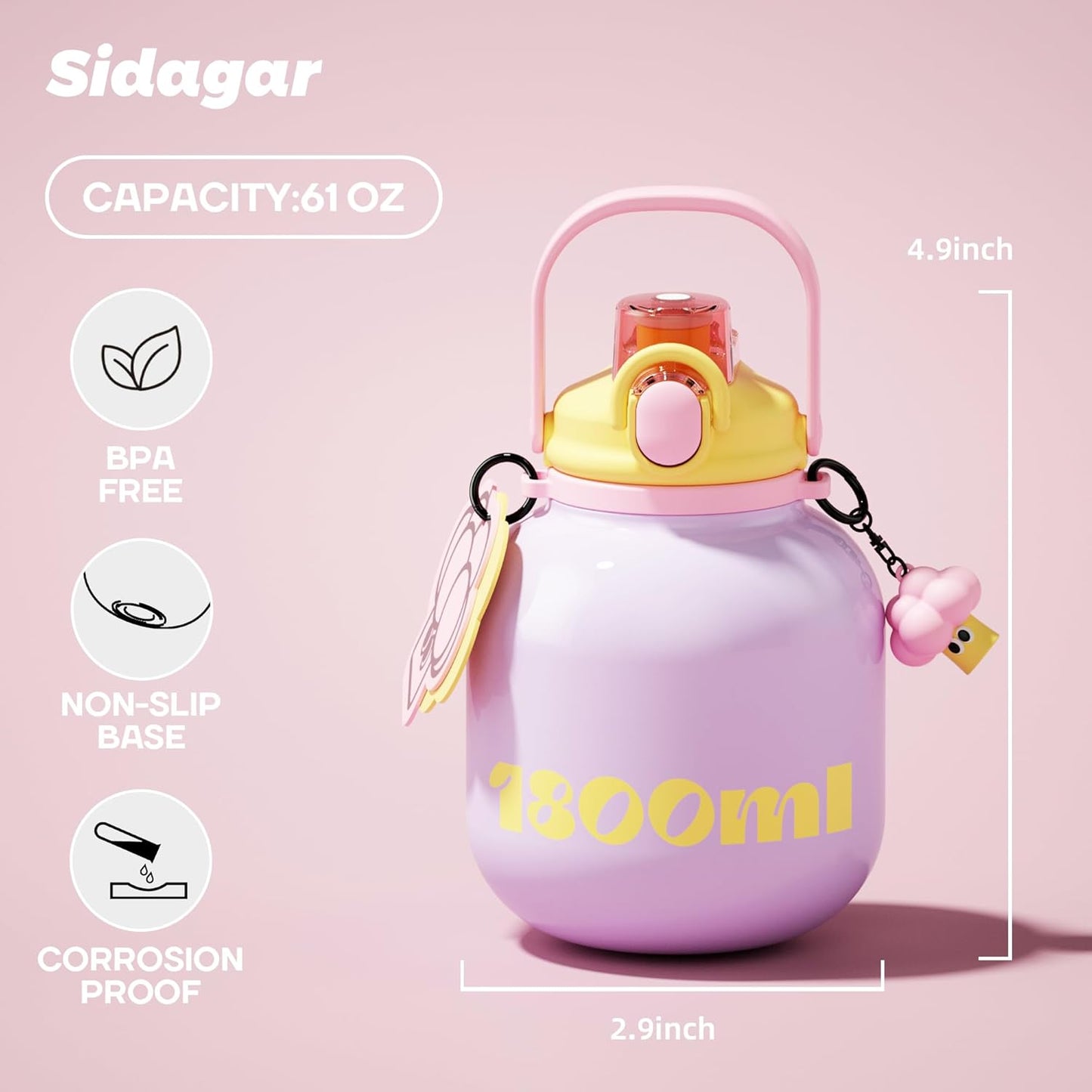 60 oz Big Gallon Water Bottle with Straw and Carry Handle, Black Wide Mouth Vacuum Water Jug, Insulated Stainless Steel Bottles; Heavy-Duty Aesthetic Yoga Flask for Women, Sweet & Cool Black