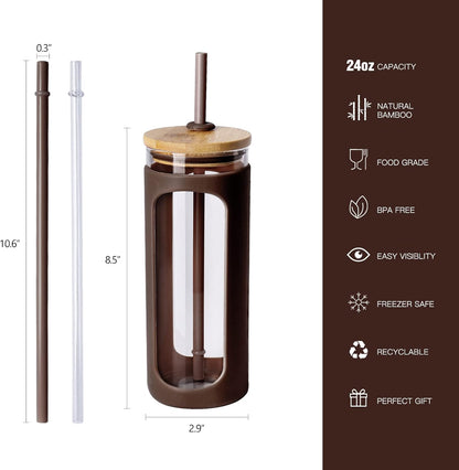 Kodrine 20oz Glass Water Tumbler with Straw and Lid, Bamboo Lids Water Bottle, Iced Coffee Cup Reusable, Wide Mouth Smoothie Cups with Protective Silicone Sleeve BPA FREE-Black - Colors A