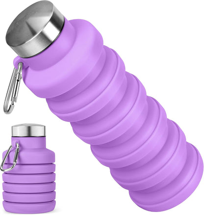 Collapsible Water Bottle, 16oz Portable Reusable Silicone Water Bottle, BPA-Free Leak-Proof Foldable Design with Carabiner, Lightweight Durable for Gym, Travel, Camping, Hiking, Sports, Black