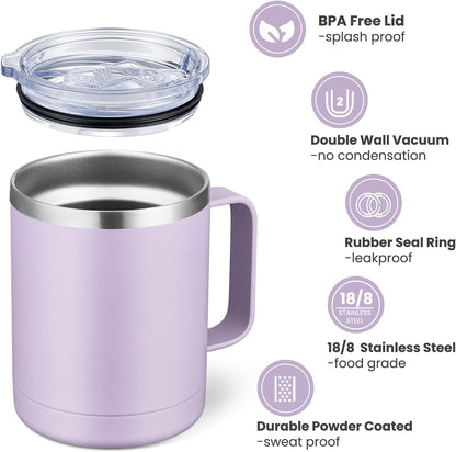 MEWAY 12oz Coffee Mug With Handle and Sliding Lid,Stainless Steel Travel Tumbler Cup with Handle,Double Wall Vacuum Insulated Camping Cup for Hot & Cold Drinks Tea (Black,Set of 1