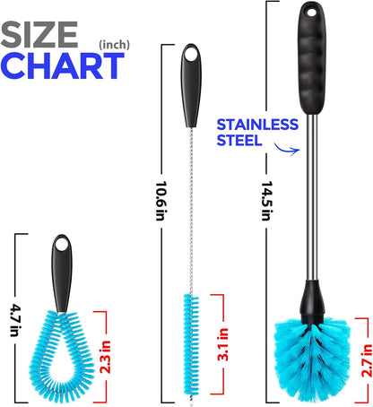 Holikme 4 Pack Bottle Brush Set, 14.5" Long Handle Stainless Steel Bottle Cleaner Brush, Long-Handled 4-in-1 Stainless Steel Bottle Brushes for Water Bottle, Cups, Abrasive Wheel Brushes, Blue