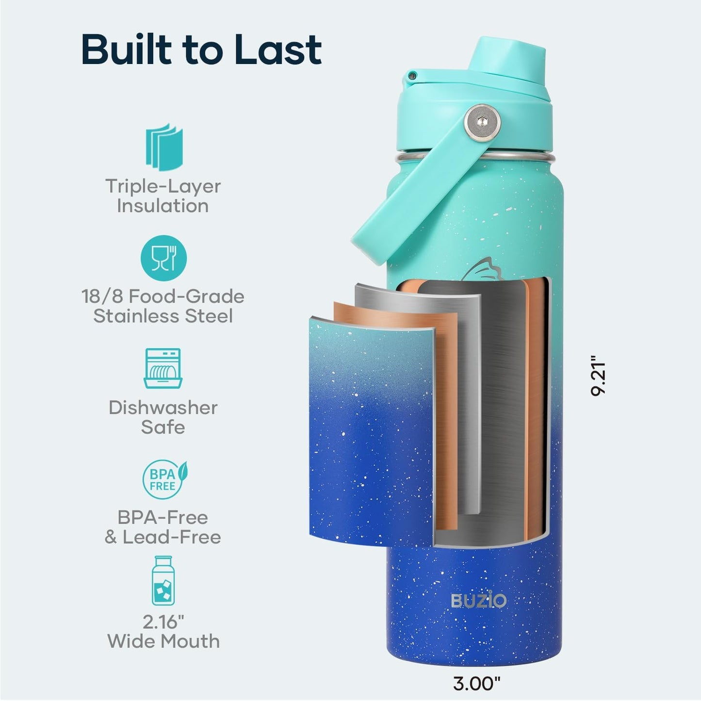 BUZIO 40oz Insulated Water Bottle, Triple Wall Vacuum Stainless Steel Water Flask with 2 lids, Lead-Free BPA-Free Straw Lid Sports Canteen Jug, Cold 48H & Hot 24H- Black - Colors B