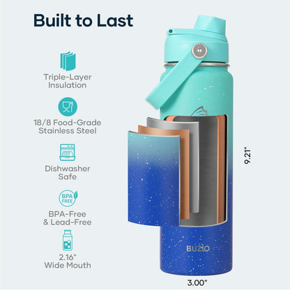 BUZIO 40oz Insulated Water Bottle, Triple Wall Vacuum Stainless Steel Water Flask with 2 lids, Lead-Free BPA-Free Straw Lid Sports Canteen Jug, Cold 48H & Hot 24H- Black - Colors B
