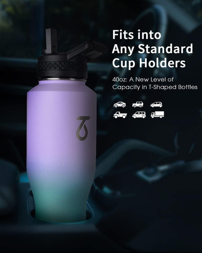 Trebo 40 oz Water Bottle Insulated Fit Car Cup Holder with Handle, Stainless Steel Water Bottles Tumbler with Spout Straw Lids, Double Wall Travel Reusable Flask, Leakproof Mug,Keep Cold &Hot,Black