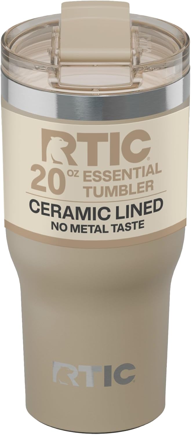 RTIC 20oz Essential Tumbler with Lid, Ceramic Lined, Insulated, Stainless Steel, Metal, Double Wall Vacuum-Insulation, Travel Cup for Iced Coffee, Tea, Hot and Cold Drink, Graphite