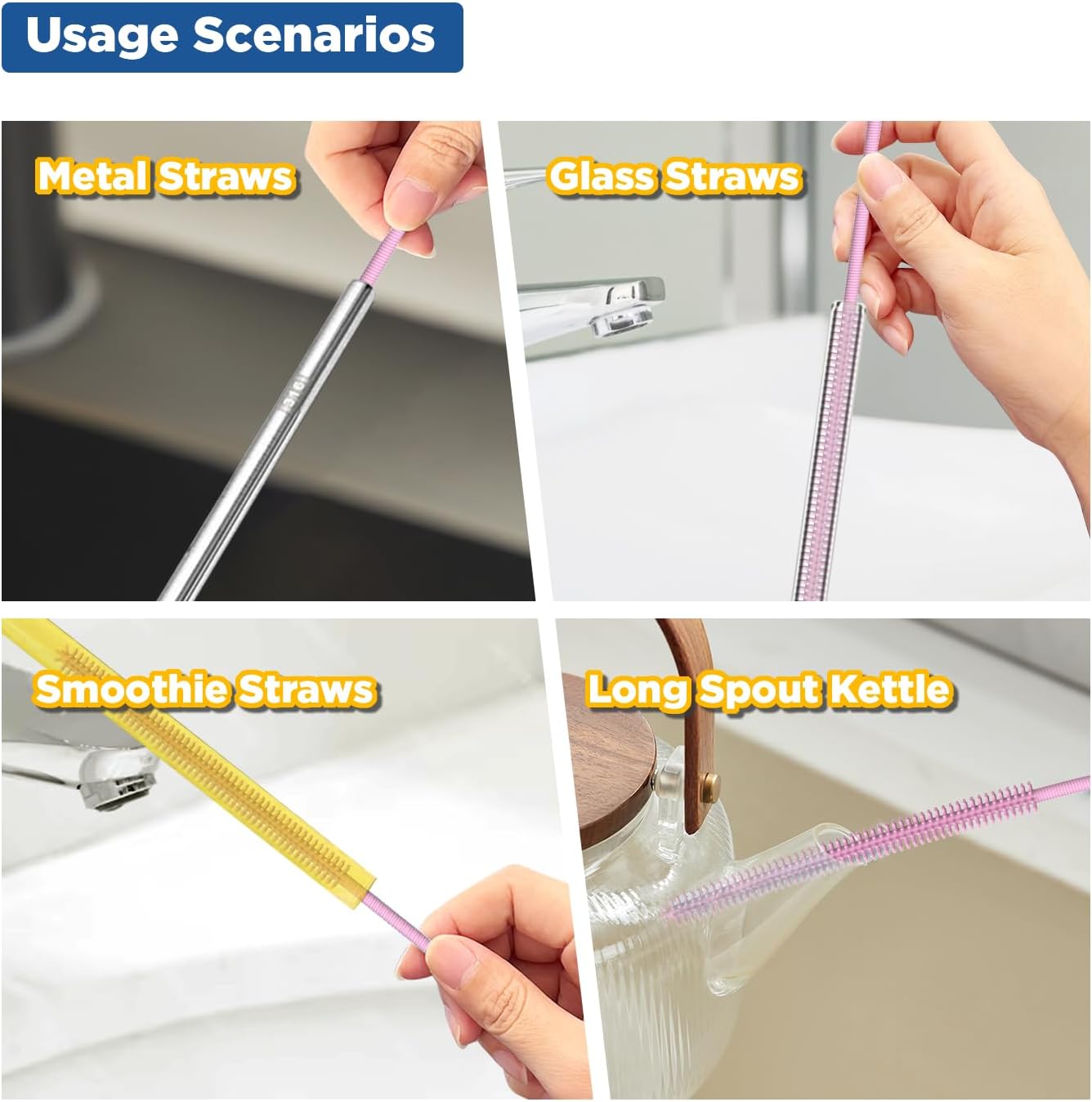 YOTIME Silicone Straw Cleaner Brush, 2Pcs Reusable Straw Brush Extra Long for Cleaning Tumbler with Handle and Glass Metal Smoothie Straws, Non-slip Handle Soft and Bendable, 6mm+9mm, Blue