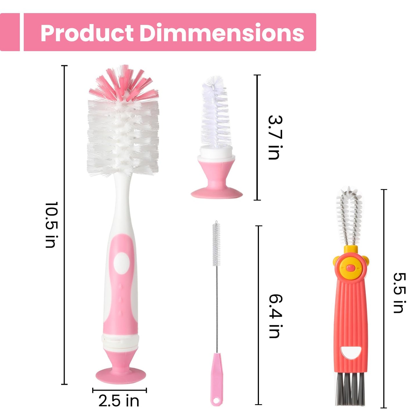 Ariseno 5-in-1 Baby Bottle Cleaner Set, Including Nylon & Silicone Bottle Brush, Cap, Straw & Nipple Brushes, BPA-Free (Grey)