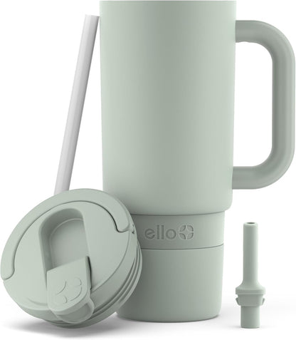Ello Port 40oz Tumbler with Carry Loop & Integrated Handle, Vacuum Insulated Stainless Steel Reusable Water Bottle, Travel Mug with Leak Proof Lid & Straw, Perfect for Iced Coffee & Tea, White