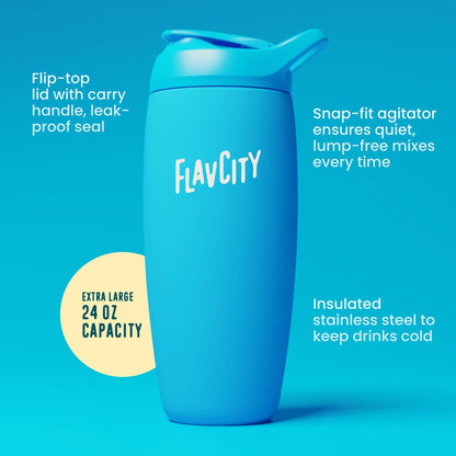 FlavCity 24 oz Stainless Steel Shaker Bottle - Insulated Protein Mixer Cup for On-the-Go Smoothies, Shakes, Electrolytes & Powder Drinks - BPA Free, Snap-Fit Agitator, Leak Resistant (Flamingo)