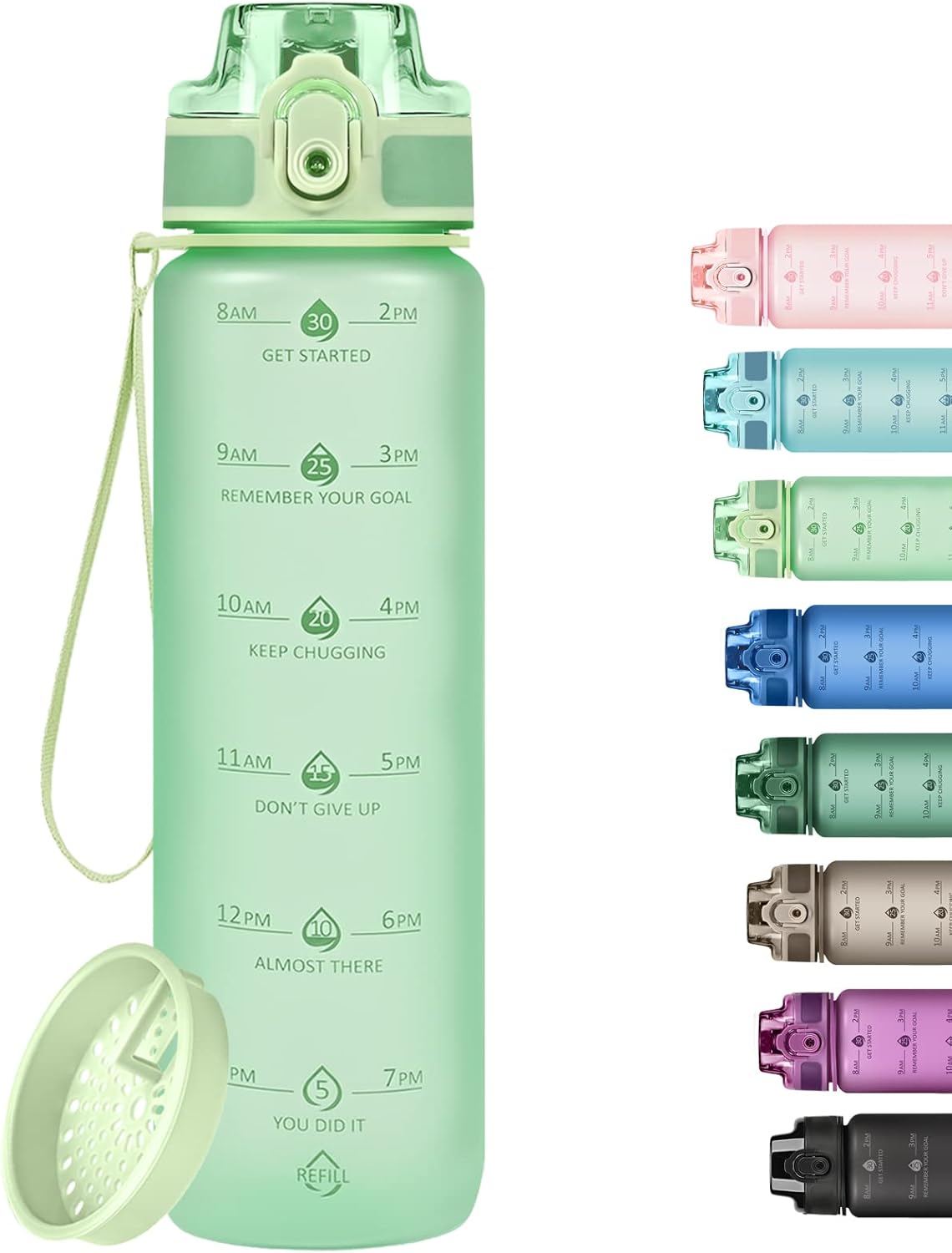 32oz Water Bottle with Time Marker, Motivational Drinking Bottle with Strap, BPA-Free Leak-Proof, Encouraging Water Bottle Time to Drink Water for Gym School Office Travel