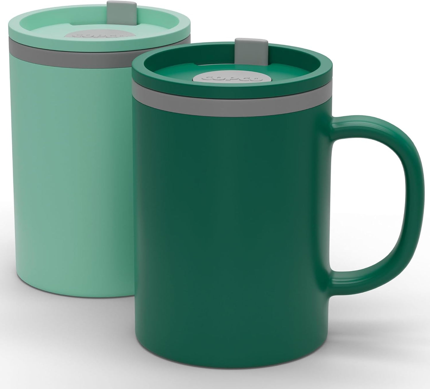 Copco Iconic 16oz Double Wall Insulated Desk Mug with Lid & Handle, Set of 2, BPA-Free Reusable Plastic, Spill-Resistant, Microwave & Dishwasher Safe, Wide Mouth (Grey)