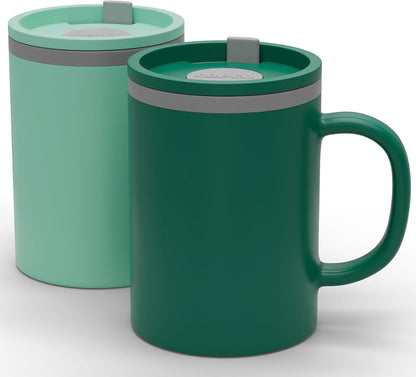 Copco Iconic 16oz Double Wall Insulated Desk Mug with Lid & Handle, Set of 2, BPA-Free Reusable Plastic, Spill-Resistant, Microwave & Dishwasher Safe, Wide Mouth (Grey)
