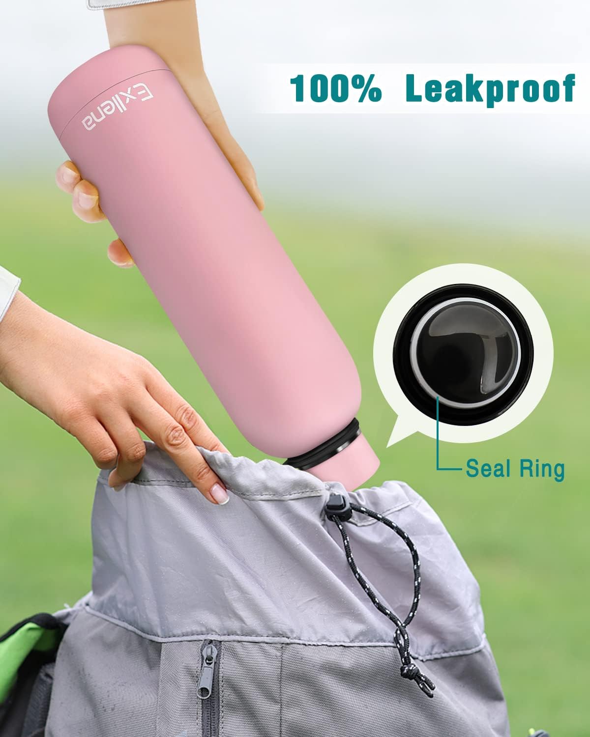 Exllena Slim Insulated Water Bottles for Travel 18oz with Clip, Double Wall Vacuum Stainless Steel Water Bottle Keeps Drinks Cold 24 Hrs/Hot 12 Hrs, 100% Leakproof, BPA Free(Black)