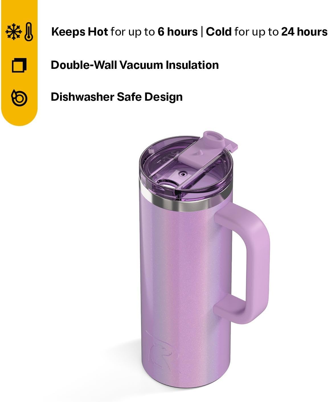 RTIC 20oz Road Trip Travel Mug with Lid and Handle, Ceramic Lined, Insulated, Stainless Steel, Metal, Double Wall Vacuum-Insulation, Portable Coffee, Tea Cup for Hot and Cold Drink, Black