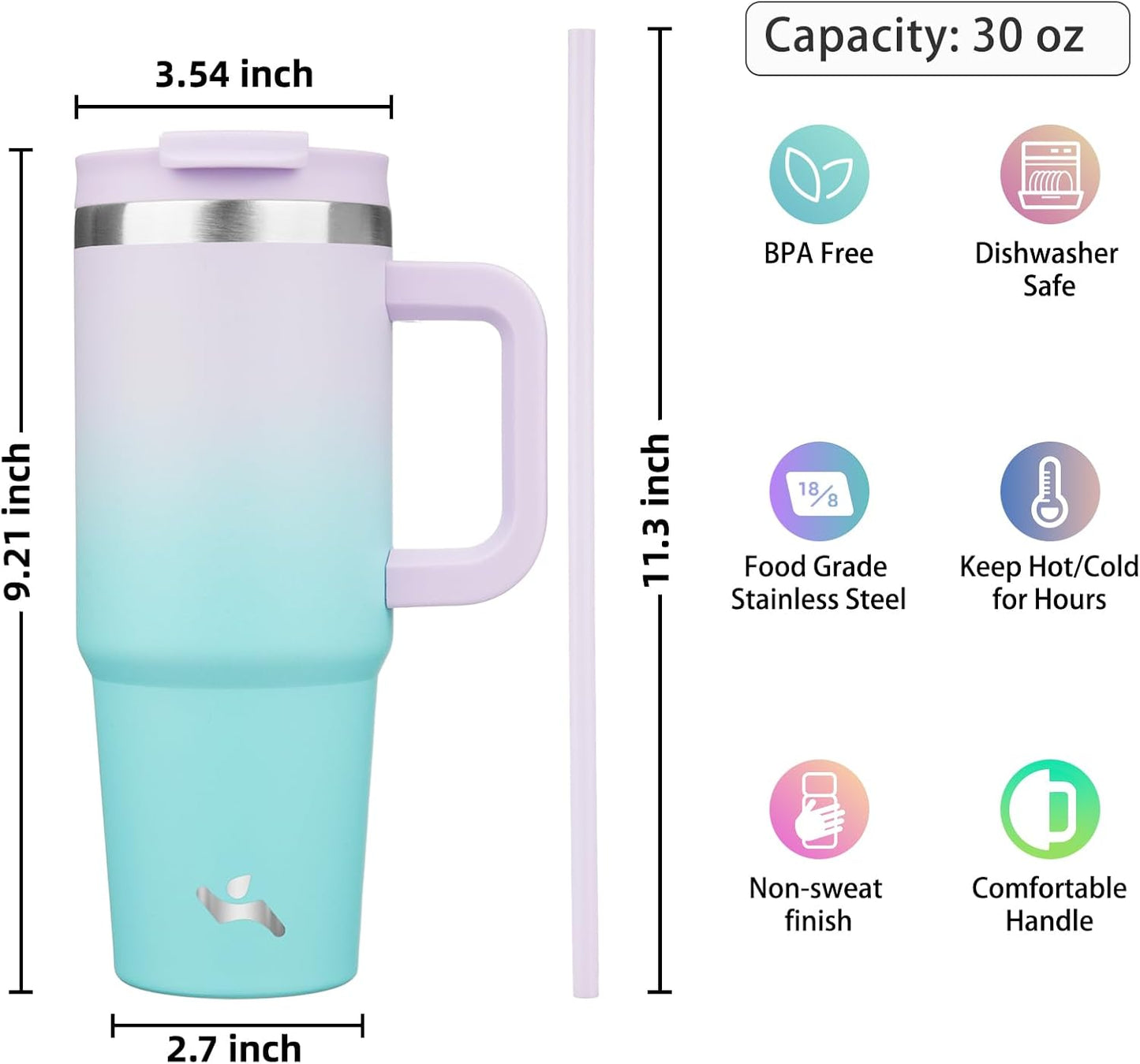 Konokyo 30 oz Tumbler with Handle and 2 Straws,2 in 1 Lid Insulated Water Bottle Stainless Steel Travel Coffee Mug,Sky