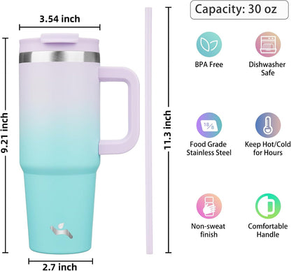Konokyo 30 oz Tumbler with Handle and 2 Straws,2 in 1 Lid Insulated Water Bottle Stainless Steel Travel Coffee Mug,Sky