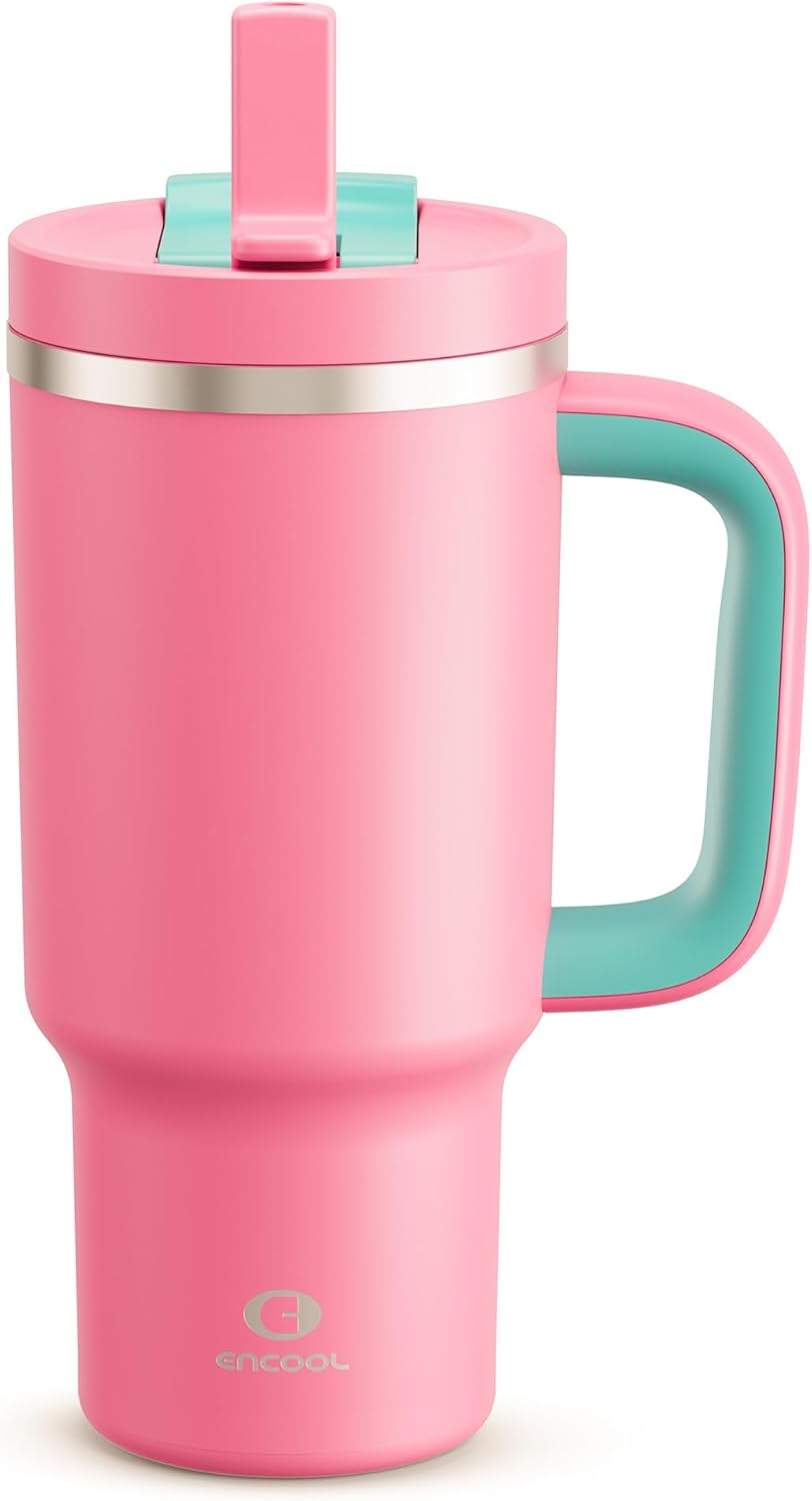 40 oz Tumbler with Handle and Straw: Stainless Steel Insulated Tumbler Keeps Cold for 24 Hours, Leakproof Travel Cup Fits in Cup Holder and BPA-Free, Cotton Candy