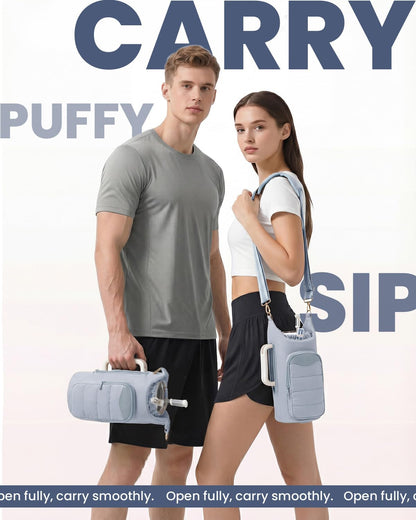 sportsnew Water Bottle Holder, Crossbody Insulated Cup Sleeve for 30oz/40oz Tumbler with Handle, Puffy Carrier Bag with Phone & RFID-Blocking Card Pocket & Drawstring Closure for Quick Access