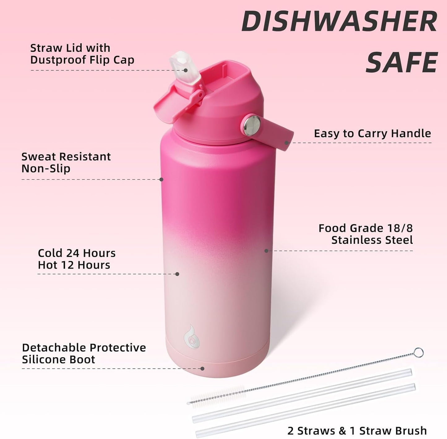 BJPKPK Insulated Water Bottle with Straw Lid, 18oz Thermo Water Bottles with Soft Nozzle, Flex Handle & Non-slip Boot, BPA Free Leak Proof Stainless Steel Metal Thermo, Tumblers, Cups,Sea Salt