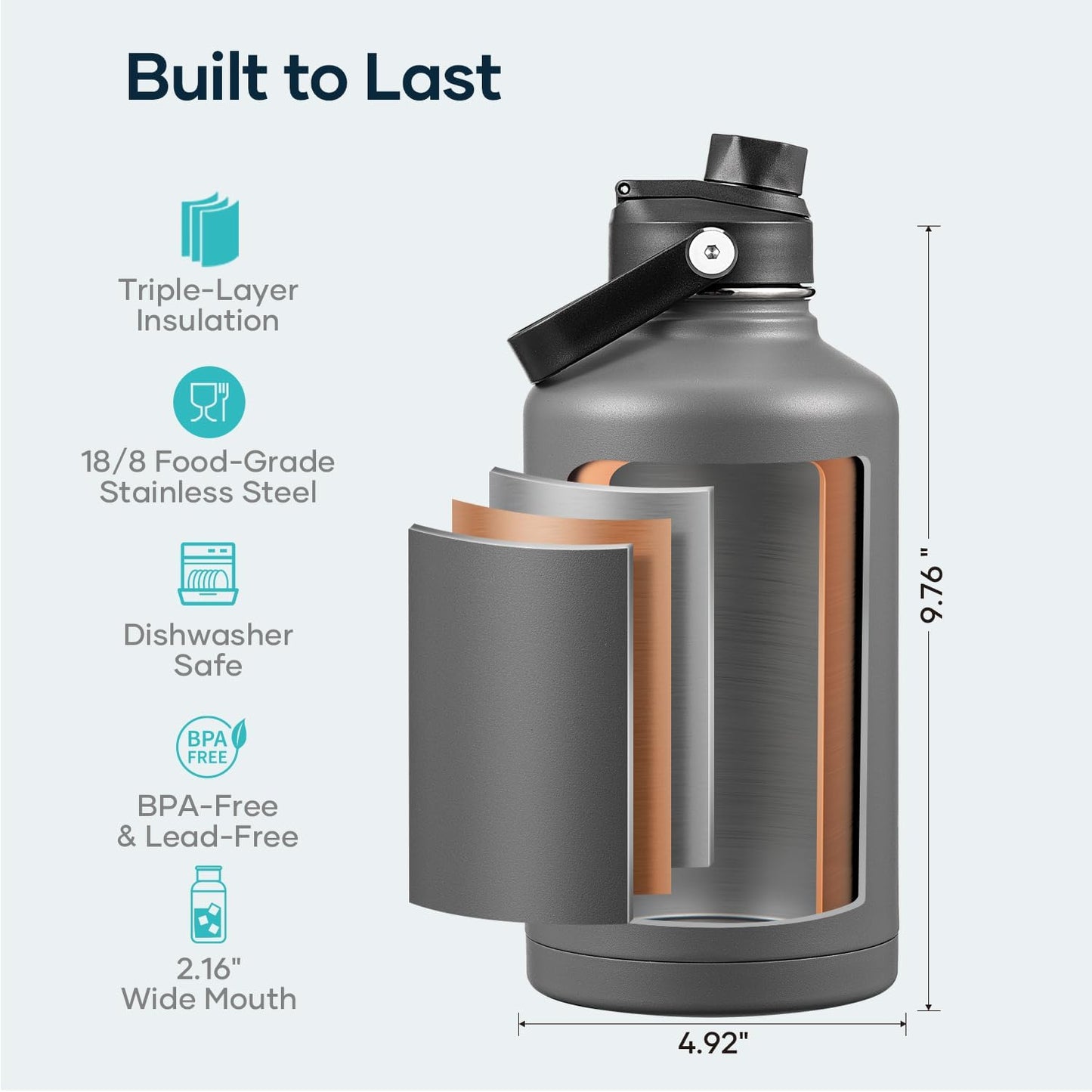 BUZIO 40oz Insulated Water Bottle, Triple Wall Vacuum Stainless Steel Water Flask with 2 lids, Lead-Free BPA-Free Straw Lid Sports Canteen Jug, Cold 48H & Hot 24H- Black - Colors A