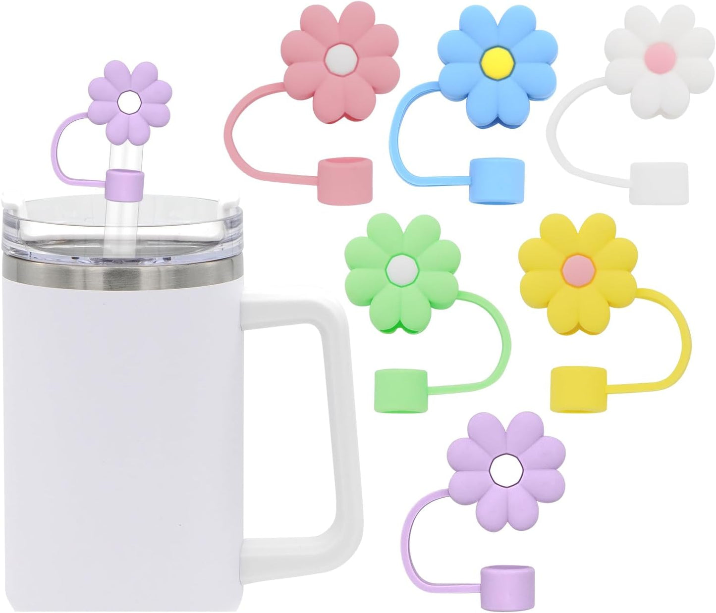 4Pcs 0.4in Diameter Cute Silicone Straw Covers Cap for Stanley Cup, Dust-Proof Drinking Straws Reusable Straws Tips Lids (4 PCS Flower Straw Covers)