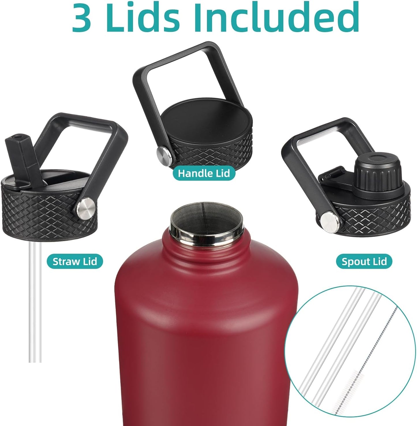Konokyo 22oz Stainless Steel Bottles with 3 Lids Sport Insulated Water Bottle,Mint