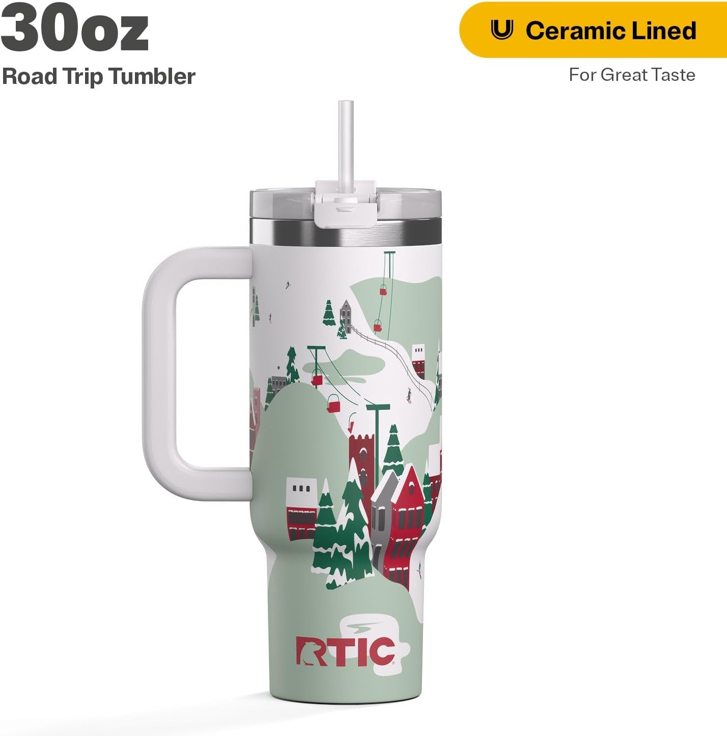 RTIC 30 oz Road Trip Tumbler Double-Walled Ceramic Lined InsulatedStainless Steel Portable Travel Coffee Mug Cup with Lid, Handle and Straw, Periwinkle Bouquet