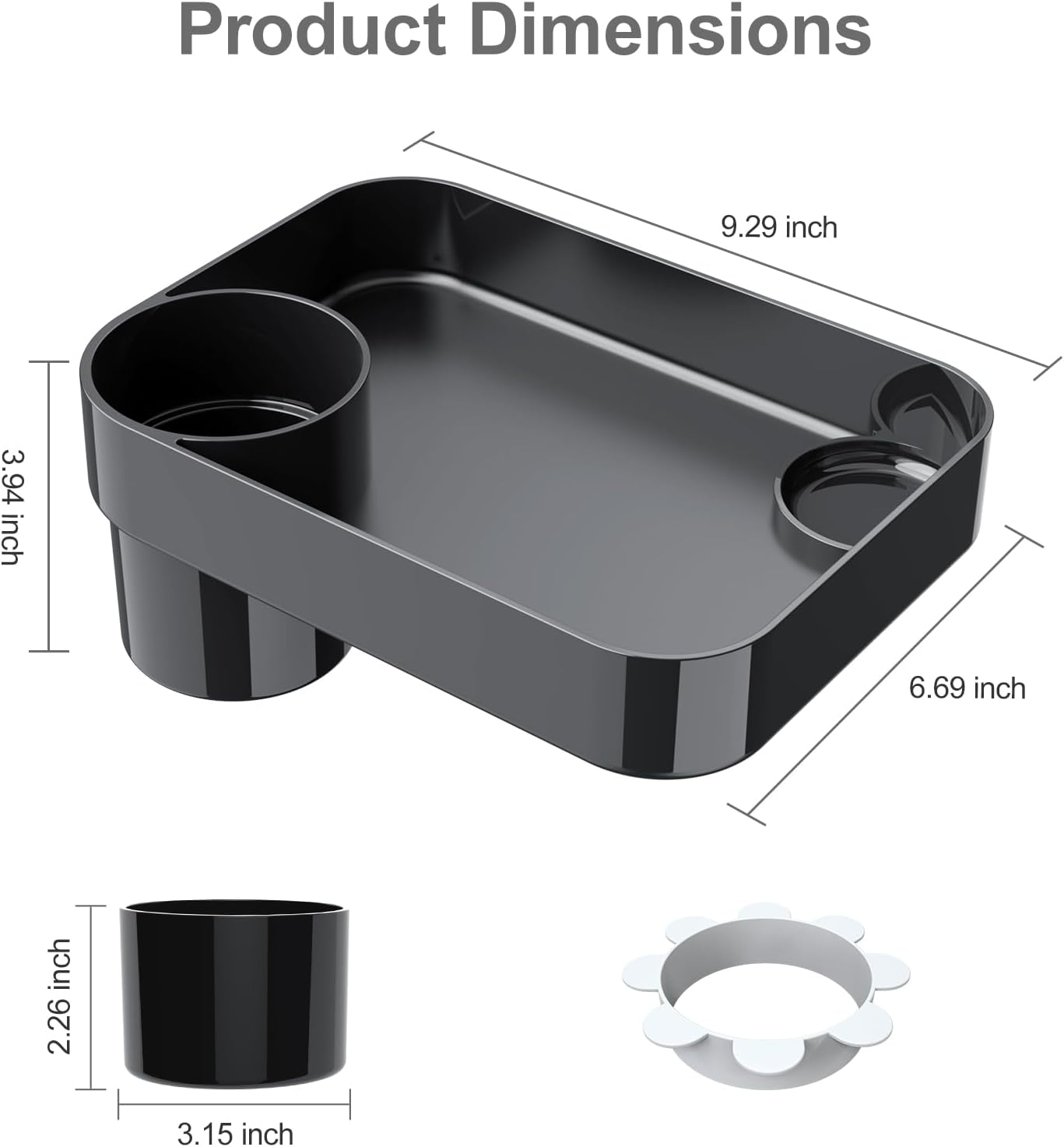 Car Seat Snack Tray for Toddlers - 3 Inch Cup Holder Fits Most Sippy Cups & Straw Bottles with Dip Well, Mess-Free Square Kids Travel Tray Road Trip Essentials, Black