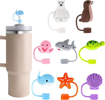 8 Pcs Animal Straw Cover Cap, Silicone Straw Topper for Stanley 30&40 Oz Tumbler Cute Straws Cap in Various Shapes, Straws Covers for 0.4 Inch/10 mm Tips Gifts for Women Girls Teens