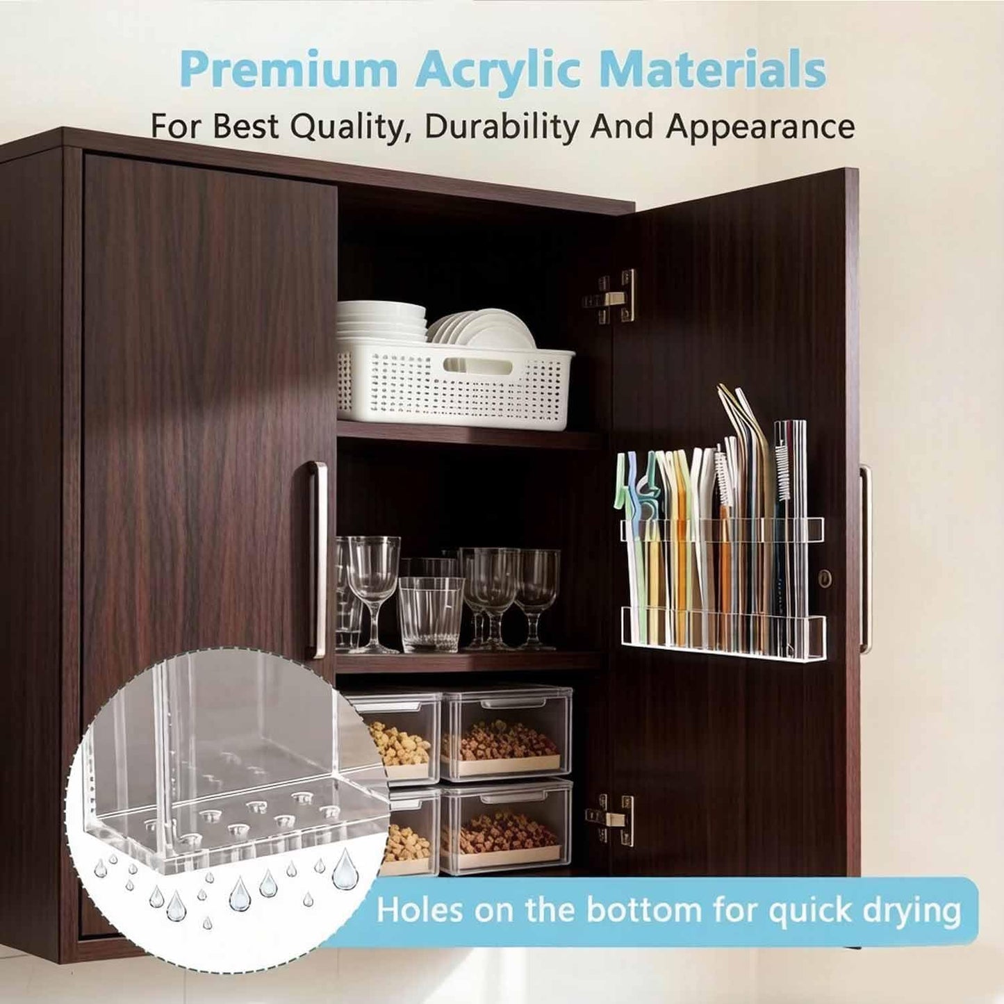 9.5” Large Acrylic Cabinet Straw & Utensil Organizer – Adjustable, Multipurpose Kitchen Storage for Reusable Straws, Brushes, Chopsticks – Ultra-Sticky & Drainable