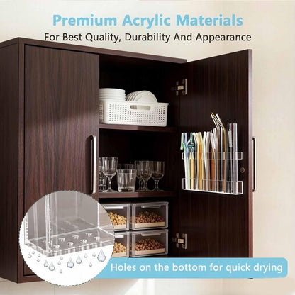 9.5” Large Acrylic Cabinet Straw & Utensil Organizer – Adjustable, Multipurpose Kitchen Storage for Reusable Straws, Brushes, Chopsticks – Ultra-Sticky & Drainable